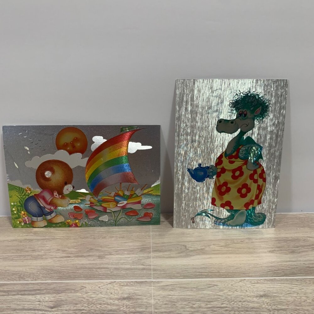 Vinatge Dufex Foil Art Print Colorful Rainbow Bear And Dragon Postcards Set Of 2
